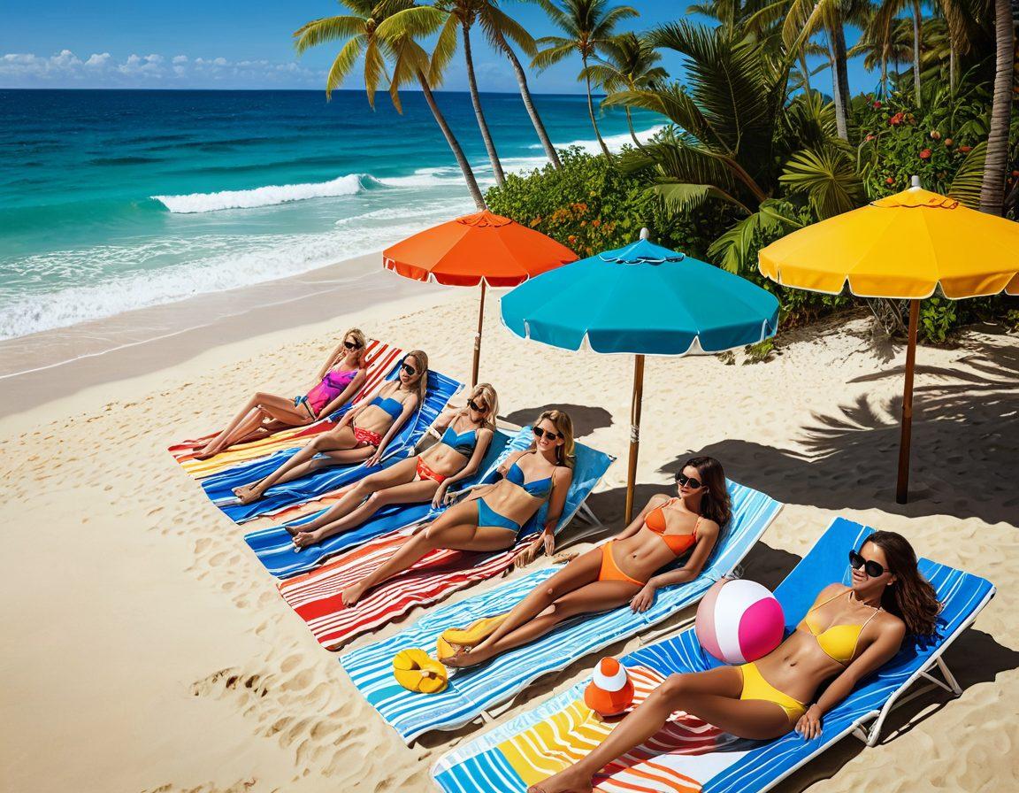 A vibrant beach scene featuring diverse swimwear styles displayed on mannequins along a sandy shoreline, with palm trees and ocean waves in the background. Include playful beach accessories like sunglasses and beach balls, with sunbathers in stylish attire enjoying the sun. The overall atmosphere should exude relaxation and fun, emphasizing the joy of beach adventures and resort life. colorful illustration. bright summer colors. relaxed vibe.