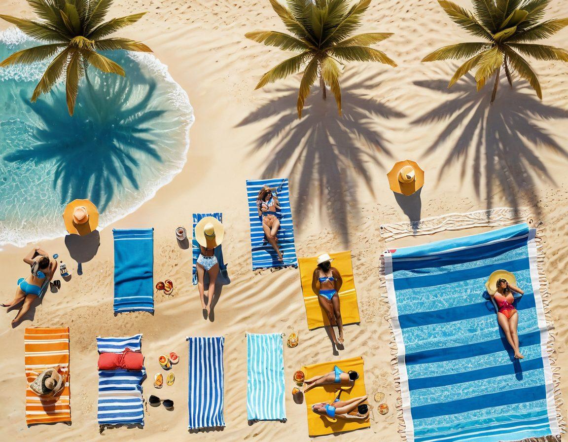A lively beach scene featuring a diverse group of people enjoying a sunny day, showcasing stylish swimwear and beach fashion like wide-brimmed hats, colorful beach towels, and trendy sunglasses. The backdrop includes soft sand, sparkling blue waves, and a bright sun; with palm trees swaying gently in the breeze. Emphasize a feeling of relaxation and joy, creating an inviting summer vibe. vibrant colors. 3D.